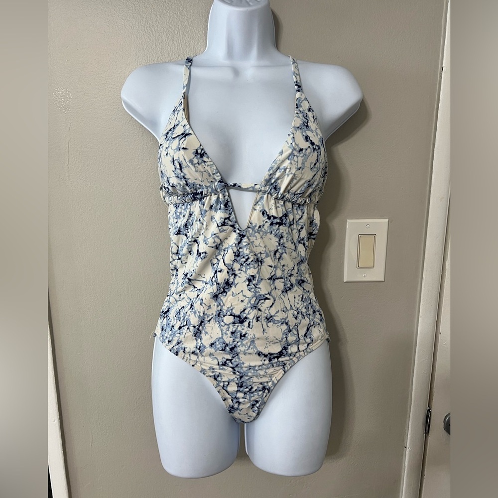 Tart Collection Marble Print Swimsuit XS Blue White Cutout Halter Backless